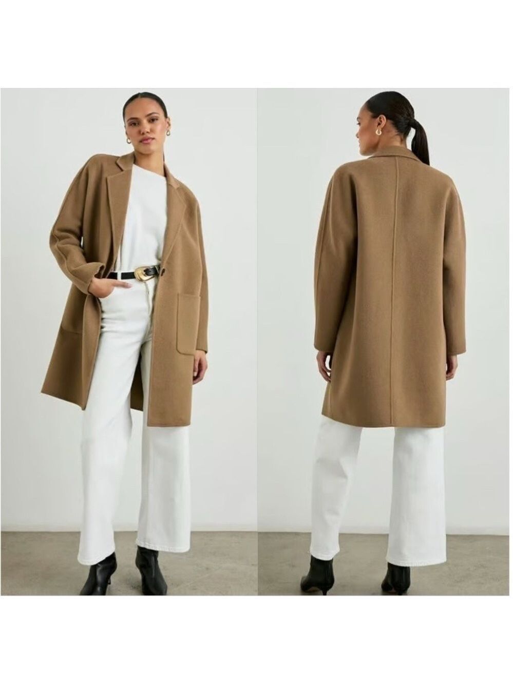 Women's Stitch and Feather Full Length Long Camel Brown Coat